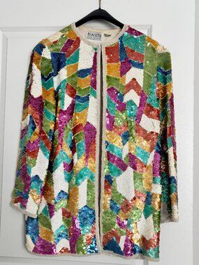 Vintage Oleg Cassini Black Tie Silk Sequined Beaded Geometric Mosaic Jacket/L